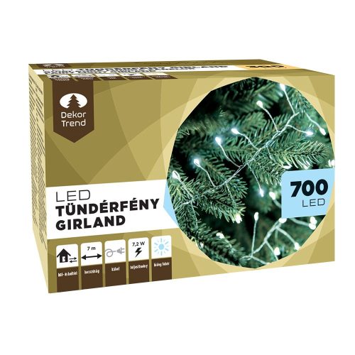 Tündérfény girland, ezüst kábel, hideg fehér, 700 LED, 7 méter