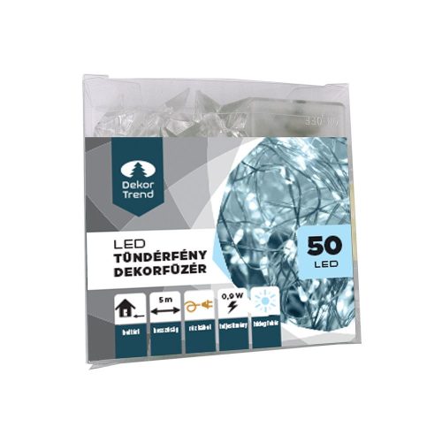 Tündérfény dekorfüzér, hideg fehér, 100 LED, 10 méter, réz kábel